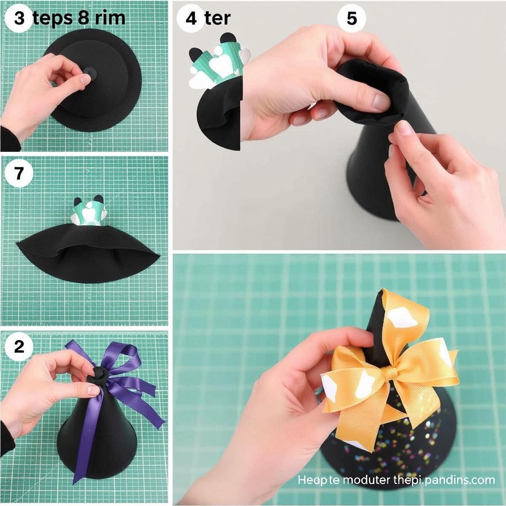 Krok 8-12 łączenia elementów kapelusza czarownicy i ozdabiania