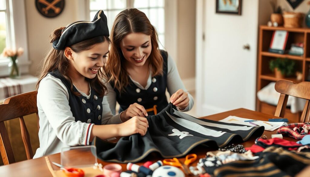 Mama z córką wspólnie tworzące elementy stroju piratki