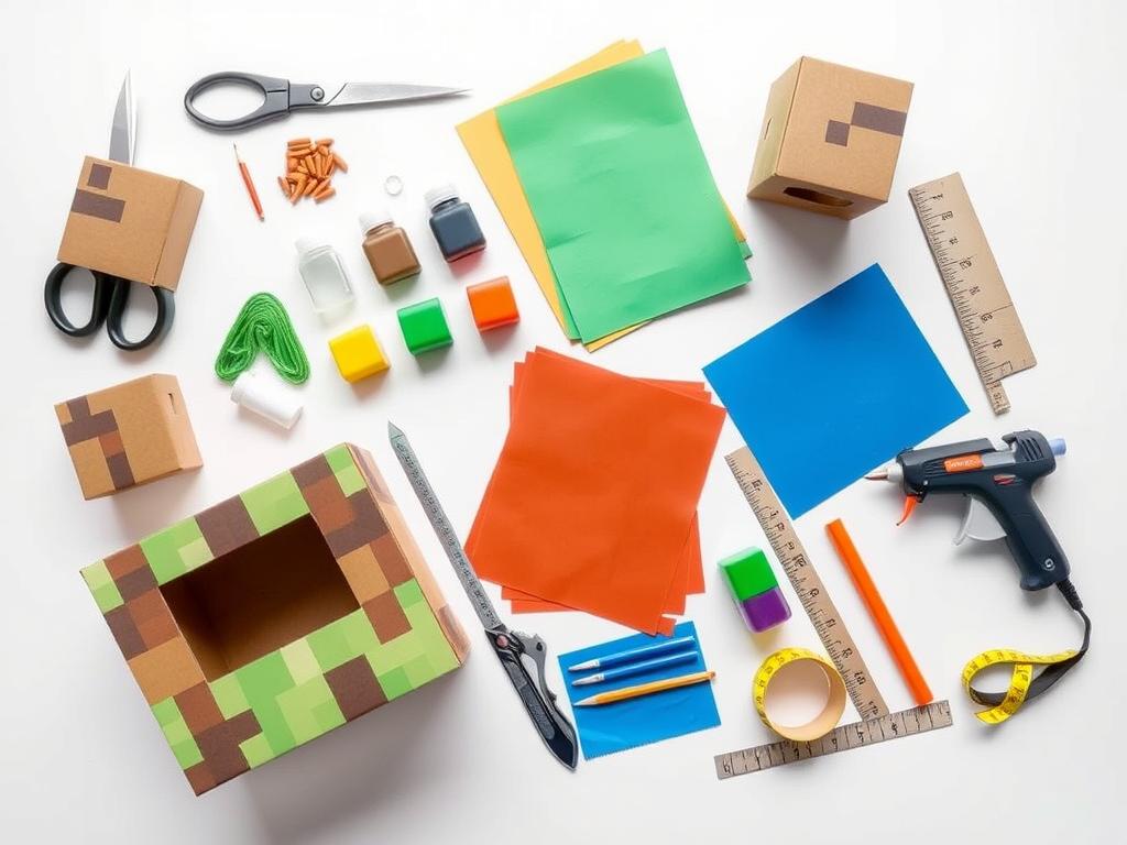 Materiały potrzebne do wykonania kostiumu Minecraft - karton, nożyczki, farby, taśma klejąca