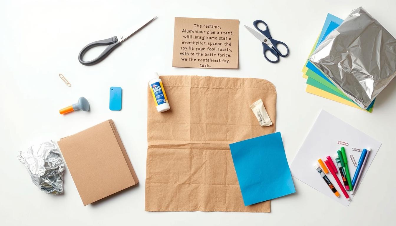 Materiały potrzebne do wykonania stroju kosmicznego dla dziecka rozłożone na stole