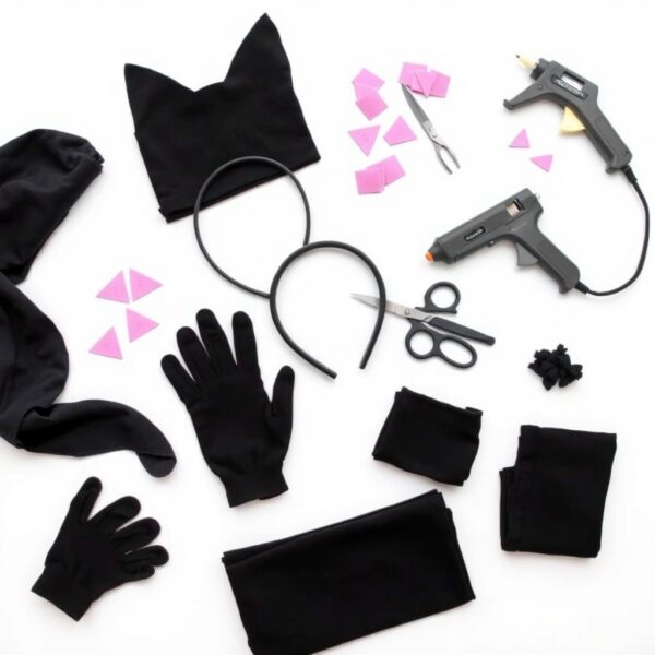 Materiały potrzebne do wykonania stroju kota - filc, opaska, rękawiczki, klej na gorąco, nożyczki