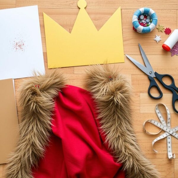 Materiały potrzebne do wykonania stroju króla rozłożone na stole