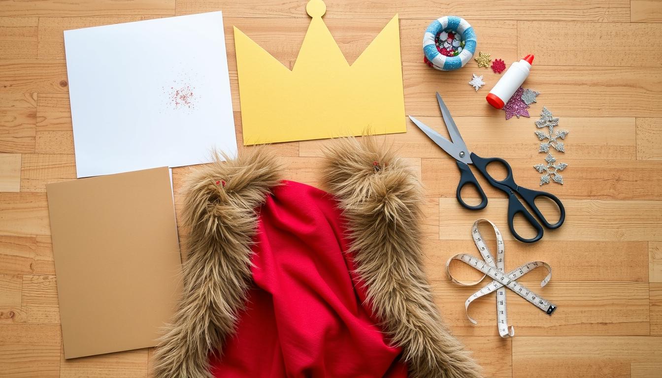 Materiały potrzebne do wykonania stroju króla rozłożone na stole