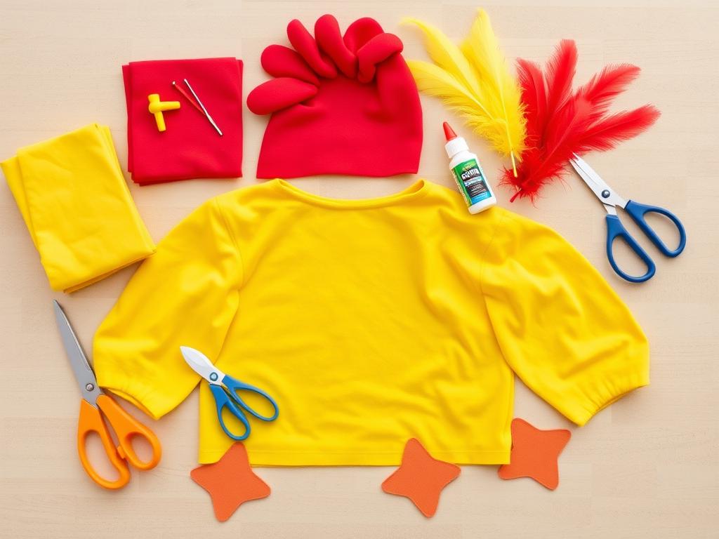 Materiały potrzebne do wykonania stroju kury dla dziecka rozłożone na stole