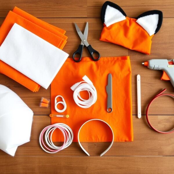 Materiały potrzebne do wykonania stroju liska dla dziecka rozłożone na stole