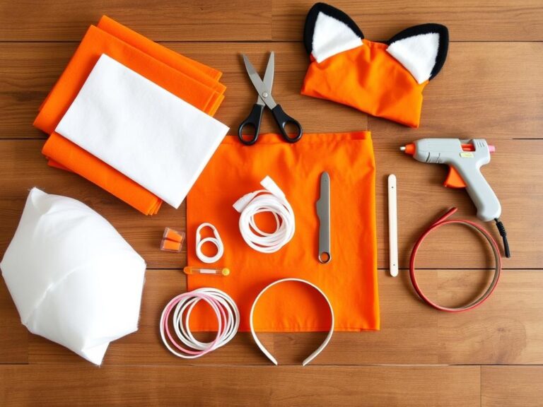 Materiały potrzebne do wykonania stroju liska dla dziecka rozłożone na stole