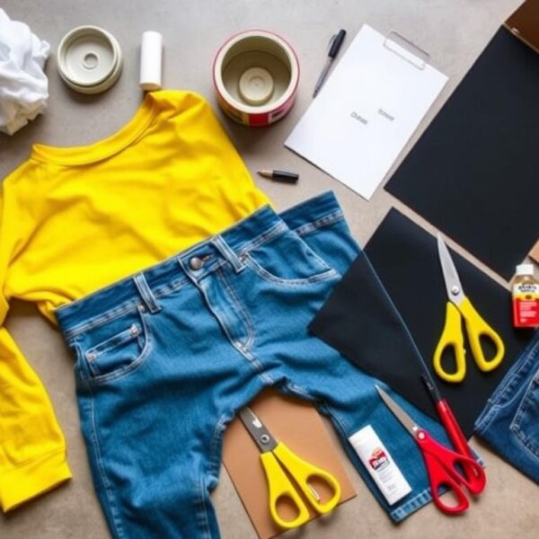 Materiały potrzebne do wykonania stroju minionka rozłożone na stole