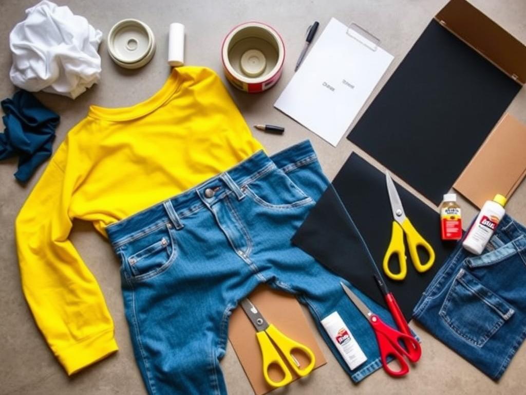 Materiały potrzebne do wykonania stroju minionka rozłożone na stole