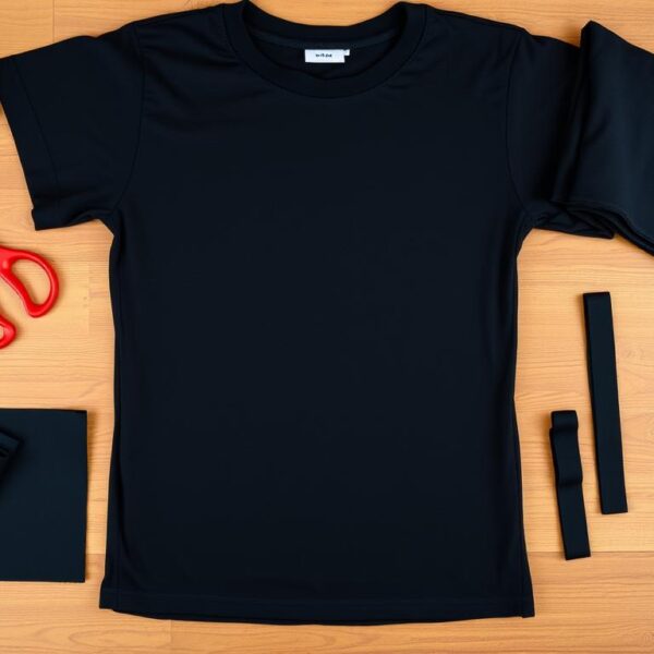 Materiały potrzebne do wykonania stroju ninja rozłożone na stole - czarna koszulka, materiał, nożyczki