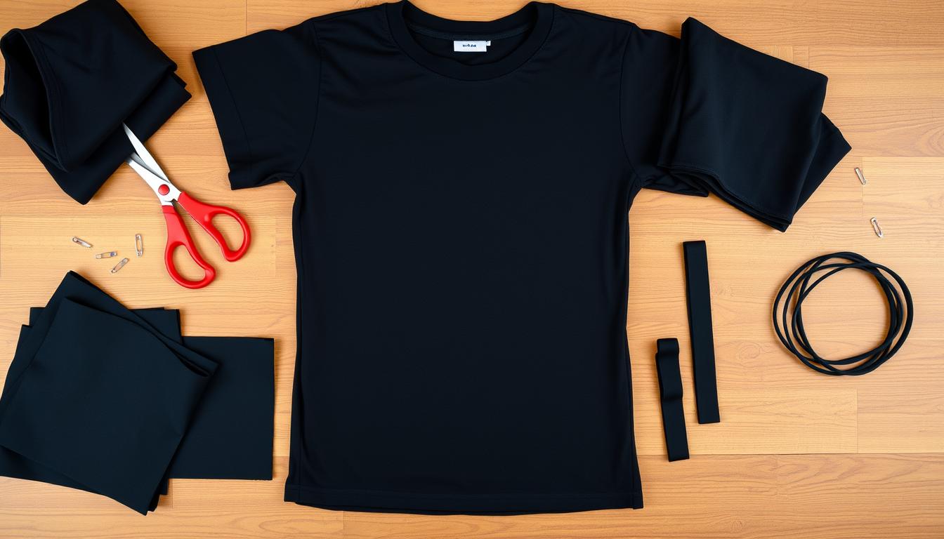 Materiały potrzebne do wykonania stroju ninja rozłożone na stole - czarna koszulka, materiał, nożyczki