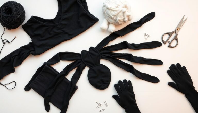 Materiały potrzebne do wykonania stroju pająka rozłożone na stole