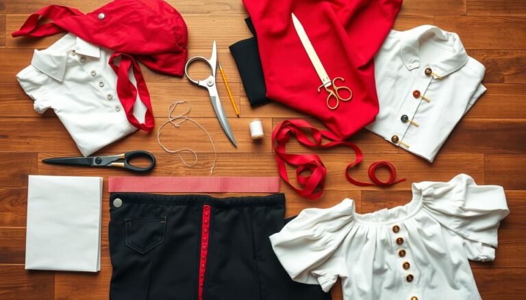 Materiały potrzebne do wykonania stroju piratki dla dziewczynki rozłożone na stole