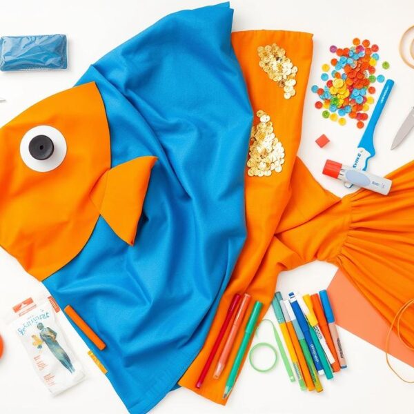 Materiały potrzebne do wykonania stroju rybki DIY - kolorowe tkaniny, nożyczki, klej i ozdoby