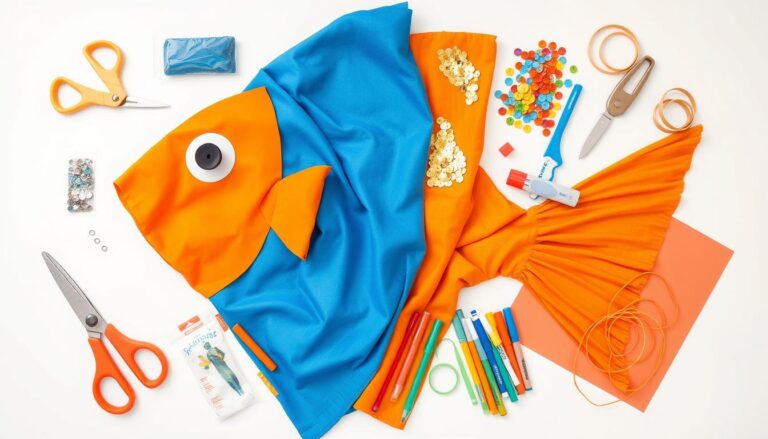 Materiały potrzebne do wykonania stroju rybki DIY - kolorowe tkaniny, nożyczki, klej i ozdoby