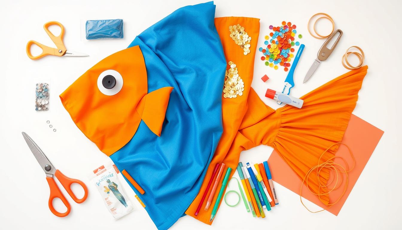 Materiały potrzebne do wykonania stroju rybki DIY - kolorowe tkaniny, nożyczki, klej i ozdoby