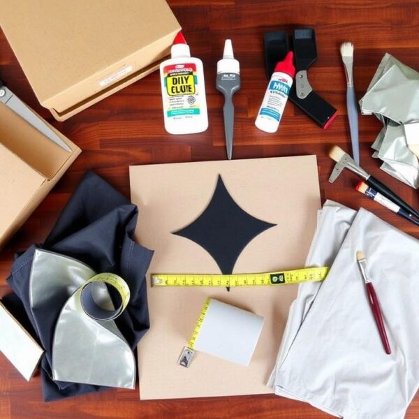 Materiały potrzebne do wykonania stroju rycerza samemu - karton, nożyczki, klej, farby i tkaniny