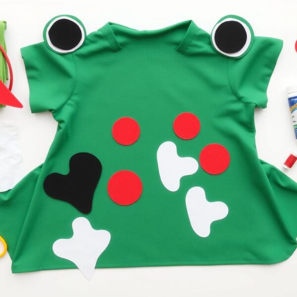 Materiały potrzebne do wykonania stroju żaby, w tym zielony materiał, filc, opaska i akcesoria