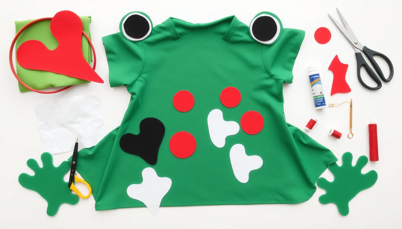 Materiały potrzebne do wykonania stroju żaby, w tym zielony materiał, filc, opaska i akcesoria
