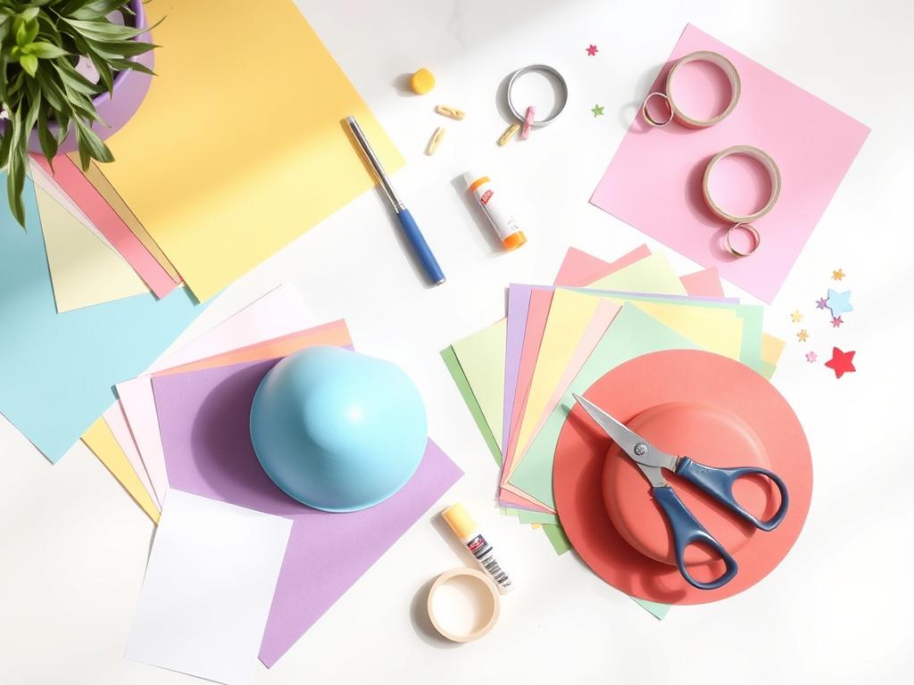 Materiały potrzebne do zrobienia kapelusza z papieru - kolorowe kartki, nożyczki, klej, taśma i ozdoby