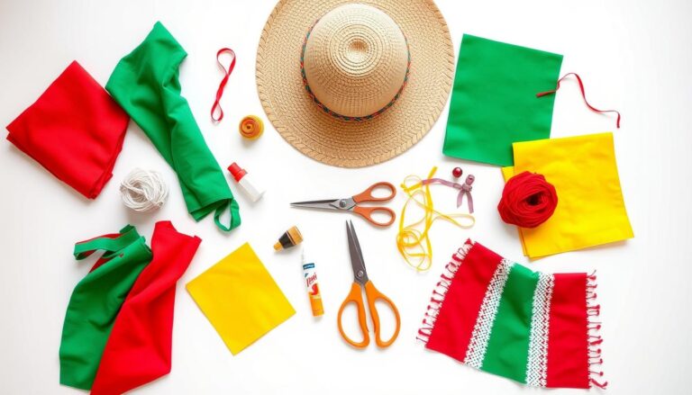 Materiały potrzebne do zrobienia stroju meksykańskiego, w tym kolorowe tkaniny, filc, słoma i ozdoby
