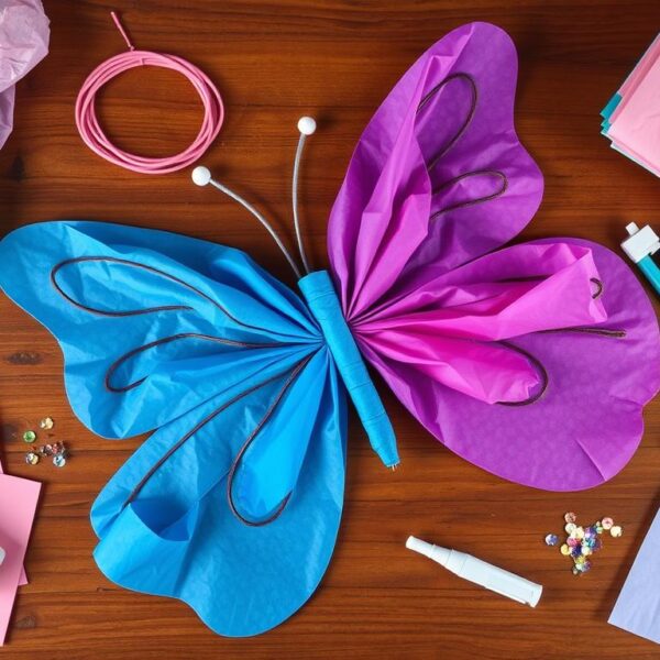 Materiały potrzebne do zrobienia stroju motyla rozłożone na stole: bibuła, drut, gumki, klej, nożyczki