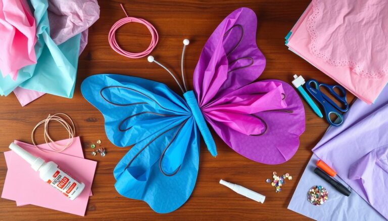 Materiały potrzebne do zrobienia stroju motyla rozłożone na stole: bibuła, drut, gumki, klej, nożyczki