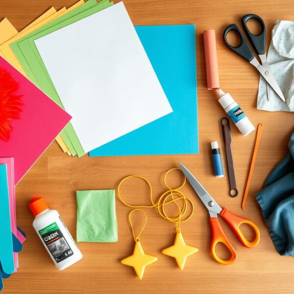 Materiały potrzebne do zrobienia stroju ptaka dla dziecka jak zrobić, rozłożone na stole