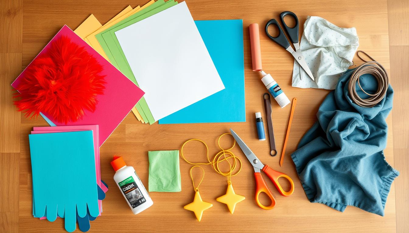 Materiały potrzebne do zrobienia stroju ptaka dla dziecka jak zrobić, rozłożone na stole