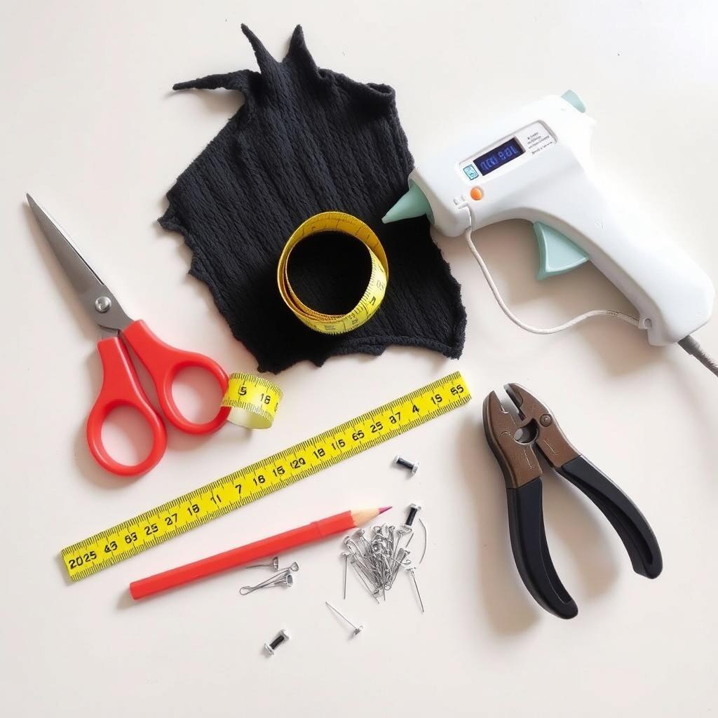 Narzędzia do tworzenia stroju ptaka dla dziecka rozłożone na stole