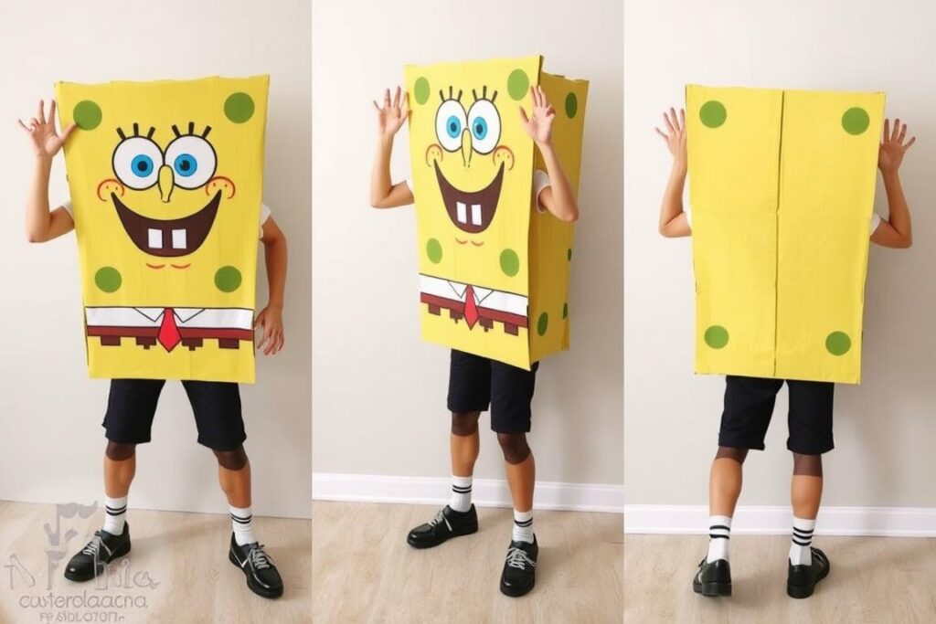 Osoba demonstrująca jak nosić i poruszać się w stroju SpongeBoba