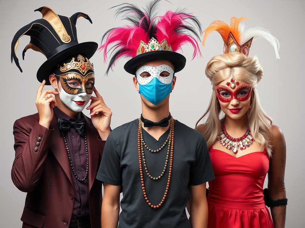 Osoba prezentująca różne akcesoria karnawałowe - maski, kapelusze i dodatki