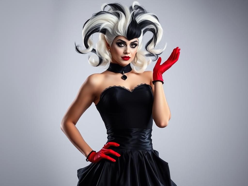 Osoba przebrana za postać z bajki - Cruella De Mon z charakterystycznymi czarno-białymi włosami