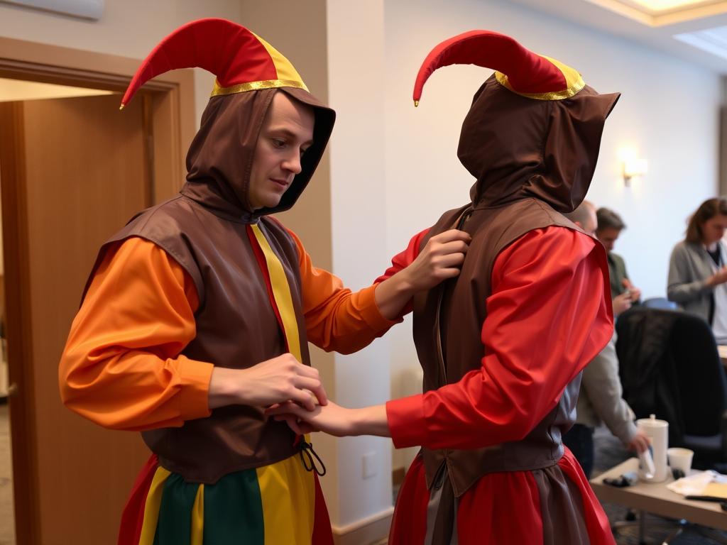 Osoba testująca wygodę i funkcjonalność swojego stroju karnawałowego przed imprezą