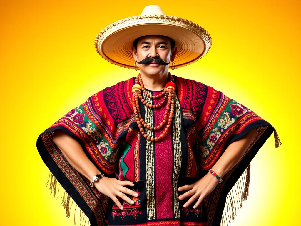 Osoba w pełnym stroju meksykańskim z wszystkimi dodatkami