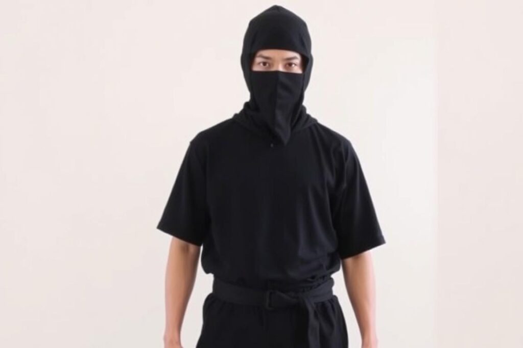 Osoba w podstawowym stroju ninja wykonanym z czarnej koszulki