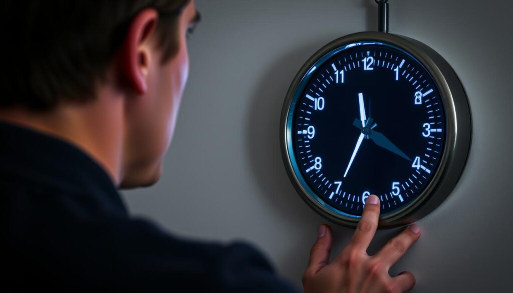 Osoba w zamyśleniu patrząca na zegarek z godziną lustrzaną, symbolizująca proces interpretacji godzin lustrzanych
