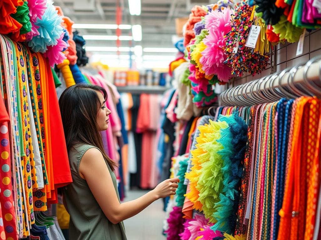 Osoba wybierająca materiały do stroju karnawałowego dla dorosłych w sklepie pasmanteryjnym