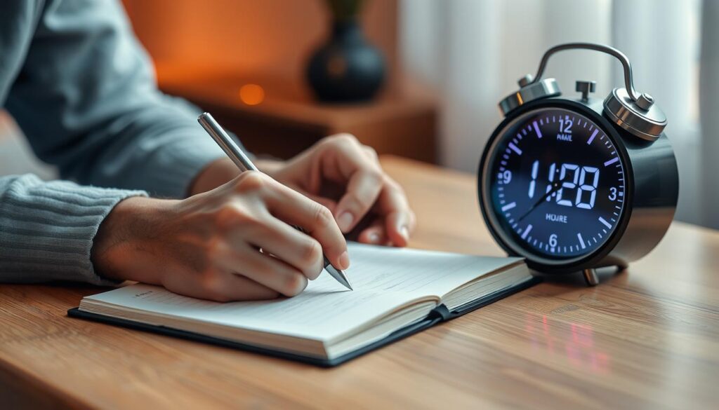 Osoba zapisująca w dzienniku swoje obserwacje godzin lustrzanych, symbolizująca praktyczne wykorzystanie ich znaczenia