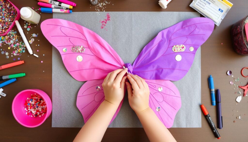 Ozdabianie skrzydeł motyla brokatem, cekinami i markerem