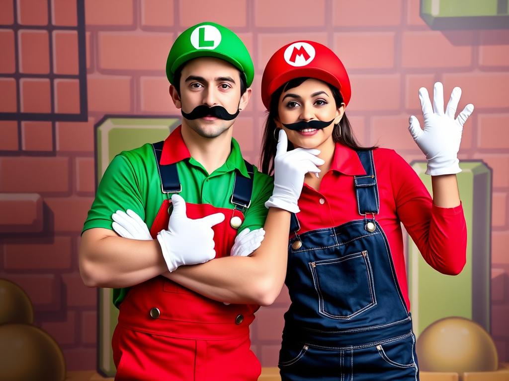 Para przebrana za Mario i Luigi z popularnej gry wideo
