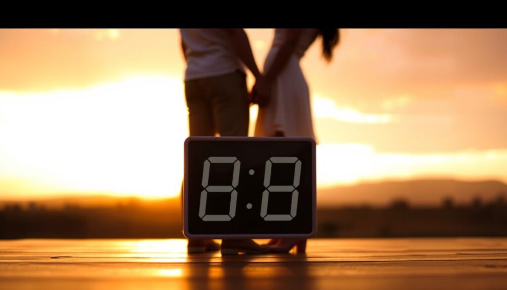 Para trzymająca się za ręce na tle zachodu słońca, z zegarkiem pokazującym godzinę lustrzaną, symbolizująca harmonię i miłość