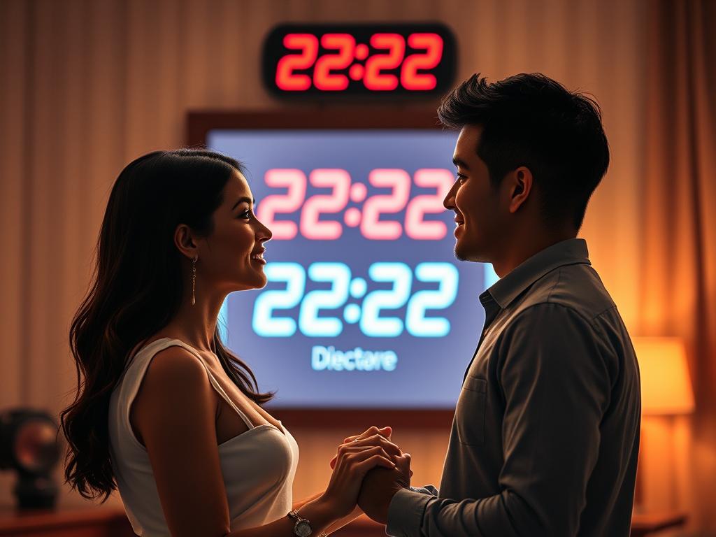 Para trzymająca się za ręce, spoglądająca na zegarek pokazujący godzinę lustrzaną, symbolizujący znaczenie godzin lustrzanych w miłości