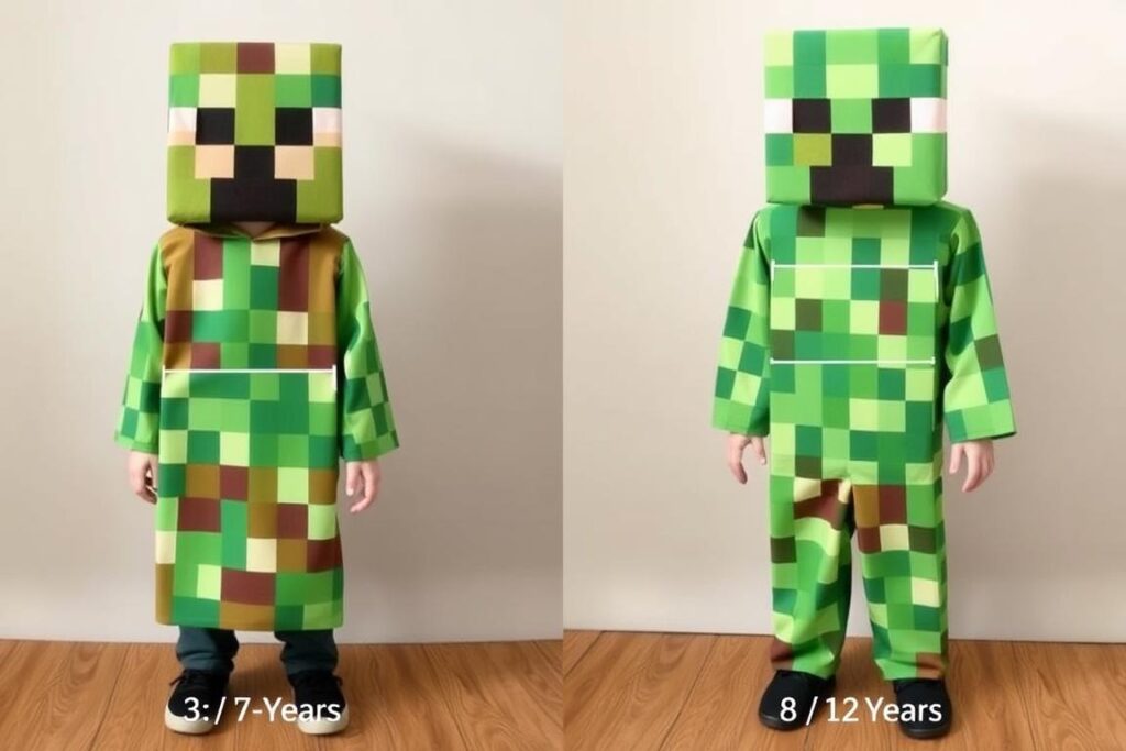 Porównanie kostiumu Minecraft dla dziecka młodszego i starszego - różnice w rozmiarach