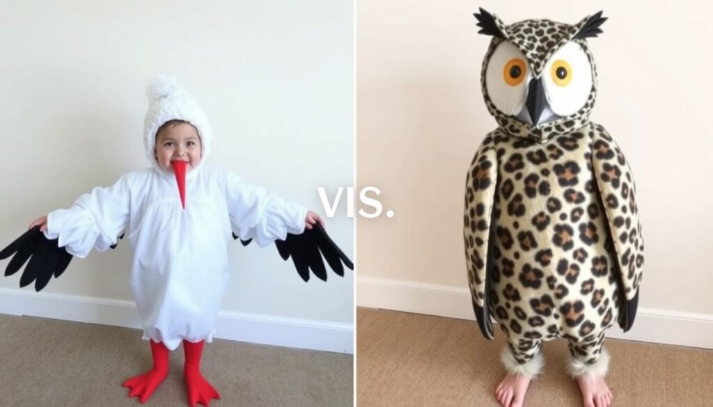 Porównanie strojów bociana i sowy dla dzieci wykonanych metodą DIY