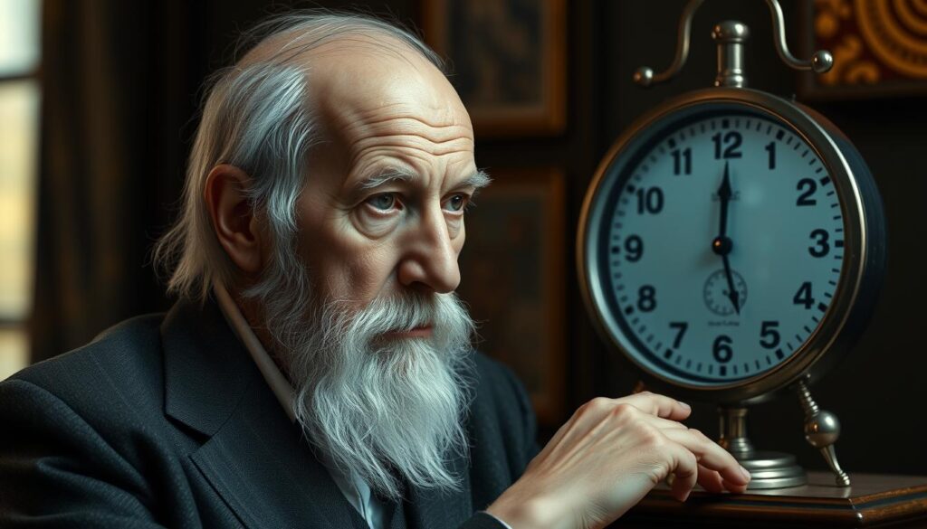 Portret Carla Gustava Junga obok zegarka pokazującego godzinę lustrzaną, symbolizujący jego koncepcję synchroniczności