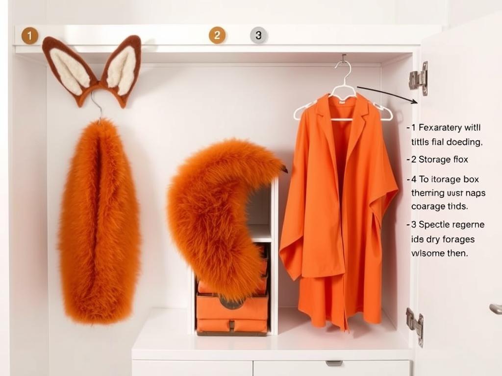 Prawidłowe przechowywanie stroju liska - elementy zawieszone na wieszaku i w pudełku