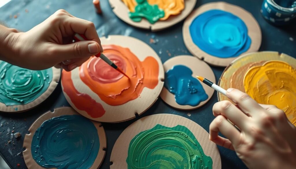 Proces malowania kartonowych kół na kolory planety