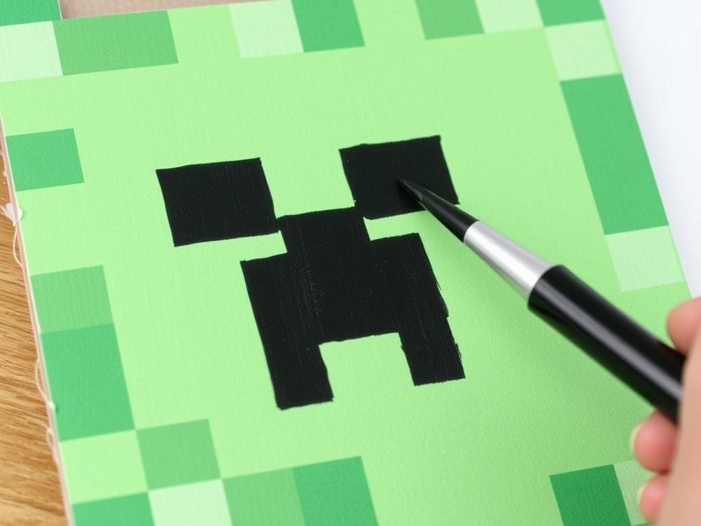 Proces malowania wzoru Creepera na kartonie - zielone piksele i czarna twarz