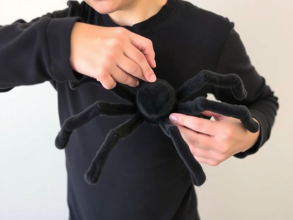 Proces mocowania nóg pająka do czarnej koszulki