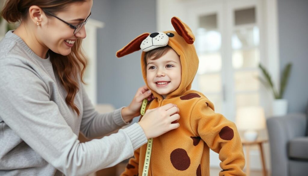 Proces przymierzania i dostosowywania stroju pieska dla dziecka